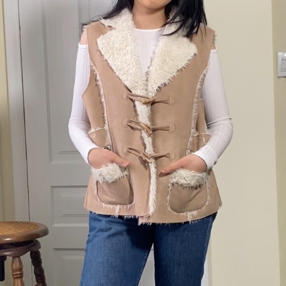 Vintage Montanaco Tan Shearling Vest Faux Leather - Picture 1 of 12